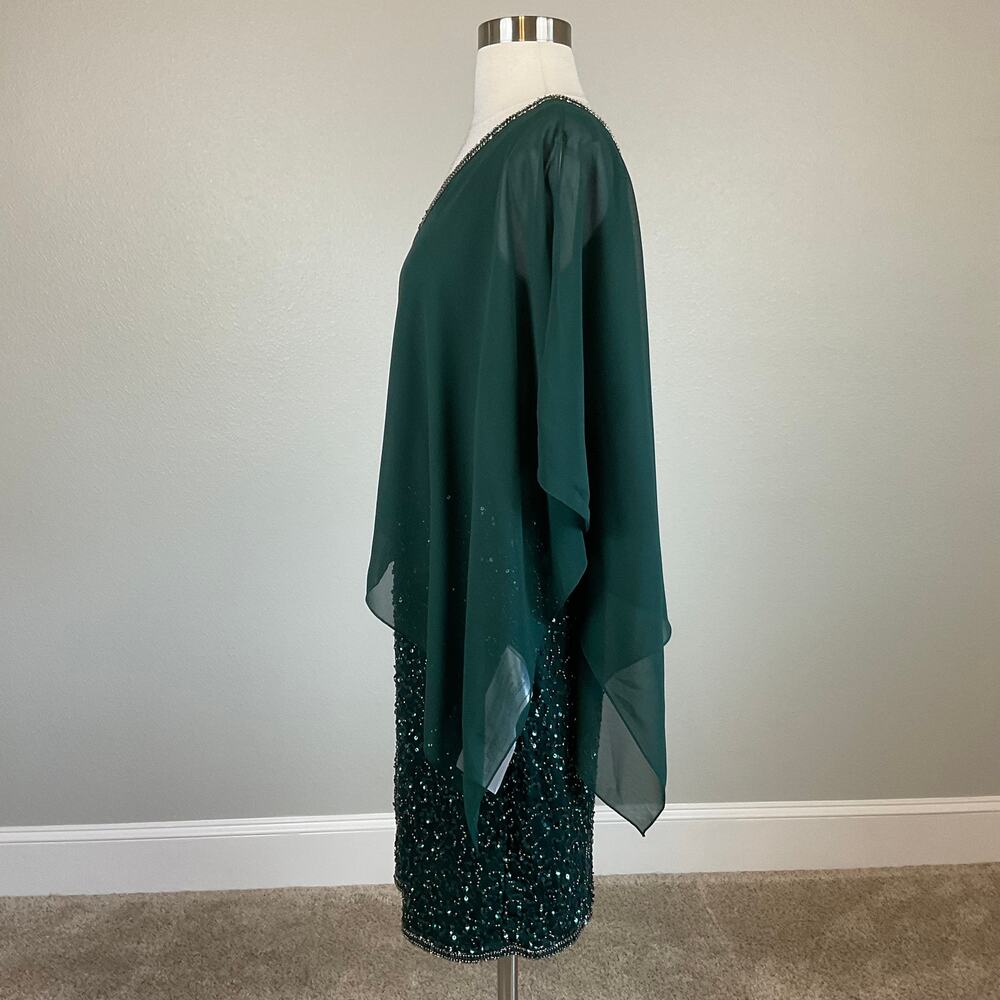 JKara Green Cocktail Dress Sequined Chiffon Caped V-Neck Mini Sheath Size 6 - Picture 6 of 12